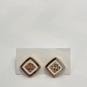 CLASSIC designer Tory Burch gold and white enamel stud earrings, business casual